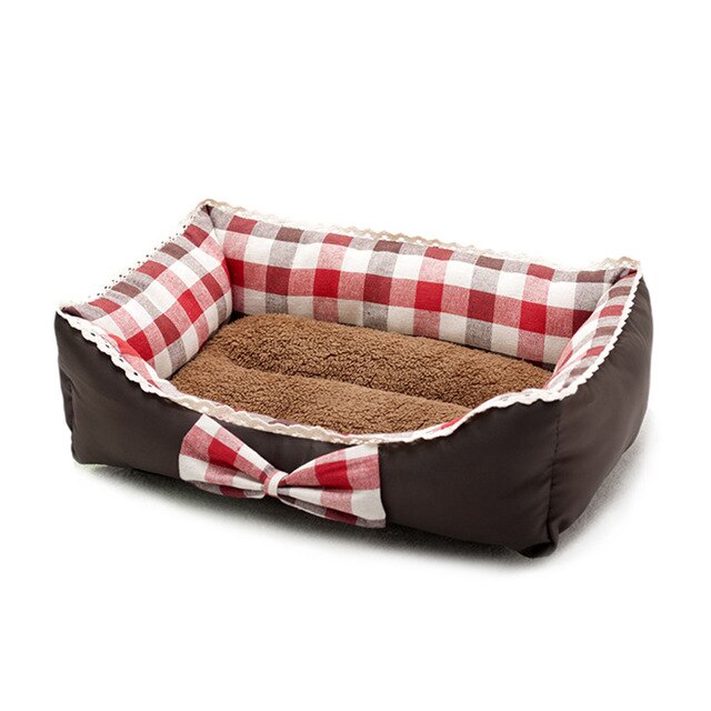 Bow Dog Bed Square Plaid Dogs Kennel Washable Breathable Pet House Waterproof Cute Fluffy Dog Mat For Small Dog Calming Mats