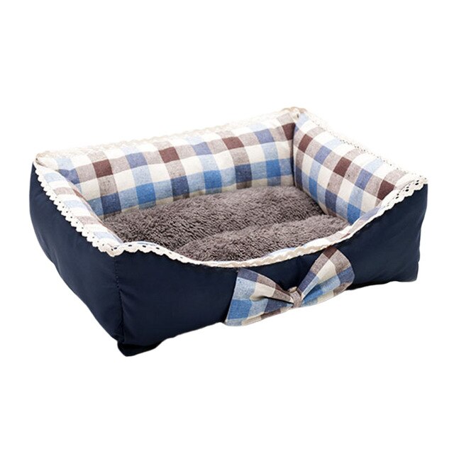 Bow Dog Bed Square Plaid Dogs Kennel Washable Breathable Pet House Waterproof Cute Fluffy Dog Mat For Small Dog Calming Mats